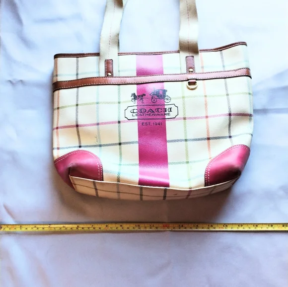 Coach Heritage Fuchsia Stripe Multi Plaid Tattersall Tote. - Picture 3 of 14